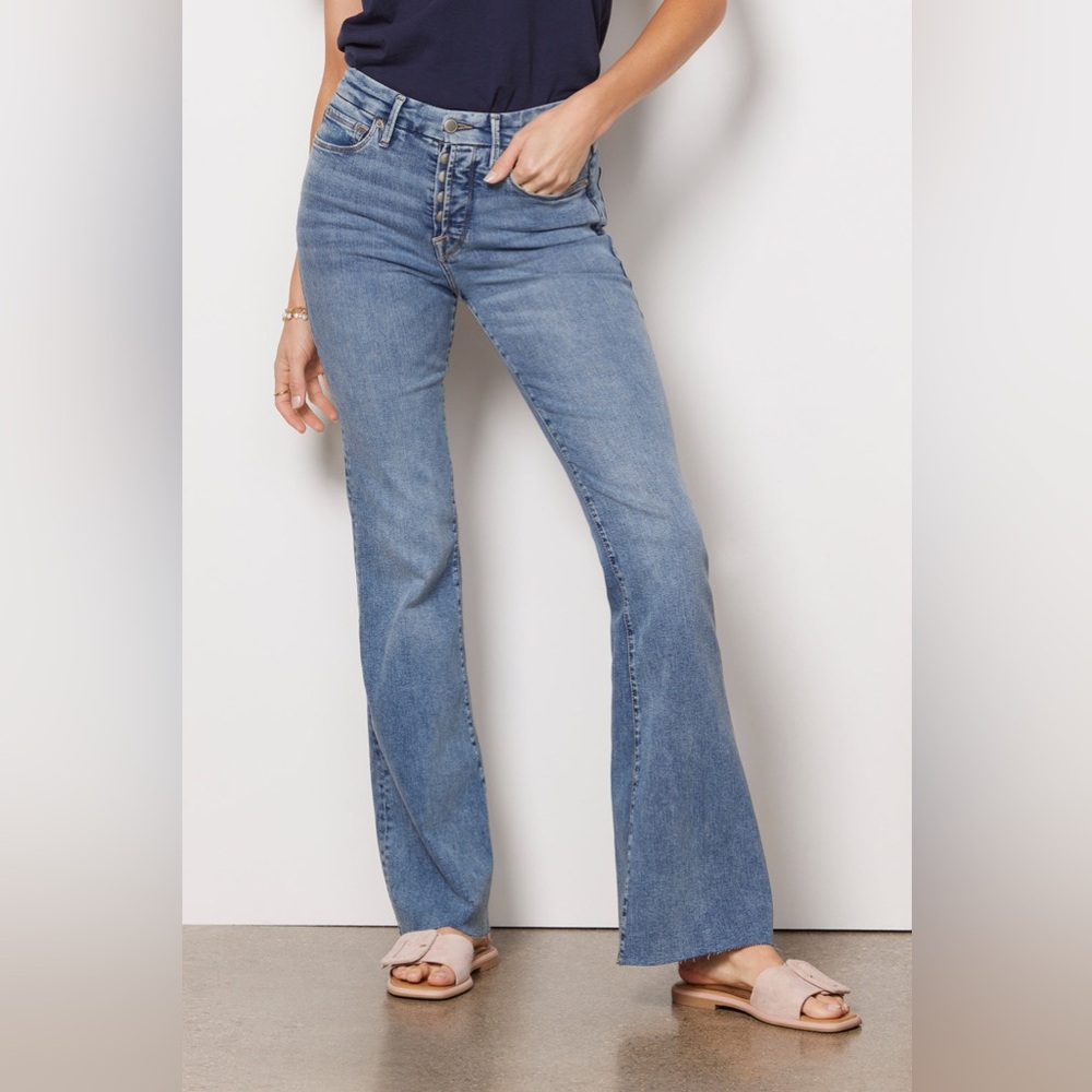 Good American Good Legs Flare Jeans Sz 28 in Indigo 330 Raw Hem - Picture 2 of 10